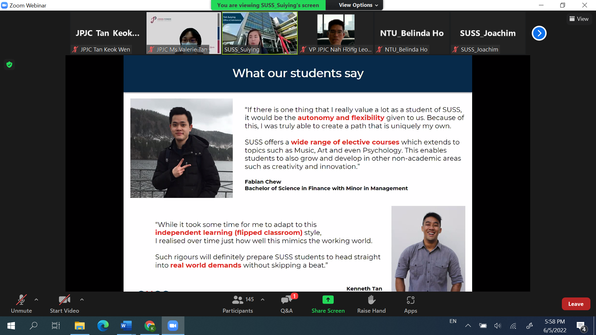 Zoom webinar screenshot showing a SUSS slide titled "What our students say" with two student testimonials and photos.